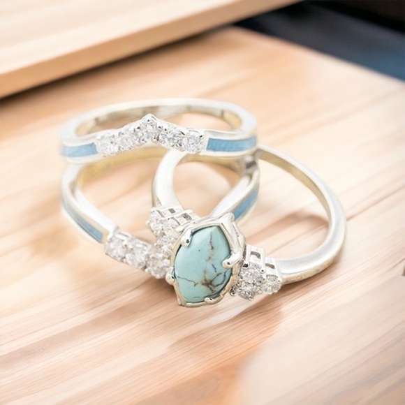 Versatile Elegant & Fashionable Turquoise & Rhinestone Decor 3 Piece Ring Set - Picture 7 of 8